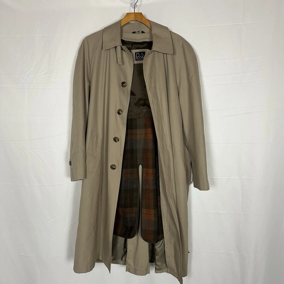 Jos A Bank Men’s Trench Coat Beige/Tan Belted Removable Plaid Wool Liner 40R - Image 2 of 4