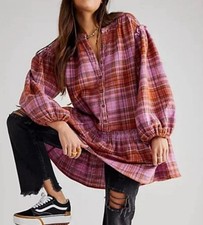 Free People Alexa Plaid Flannel Drop Waist Mini Short Dress XL Extra Large Pink