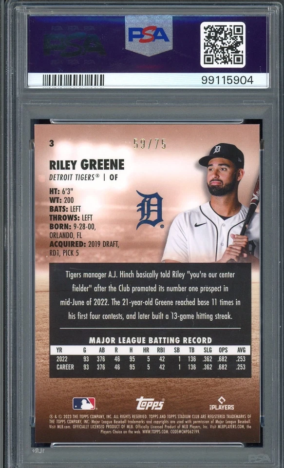 Riley Greene 2023 Stadium Club Chrome Purple Refractor RC /75 #3 PSA 10 POP 2 - Image 3 of 3