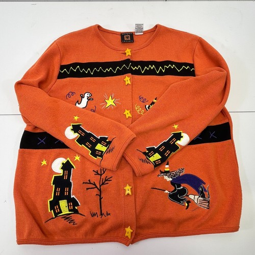 Halloween Cardigan Sweater Orange Witch Ghost Haunted House Onque Casuals Sz Med - Picture 12 of 14