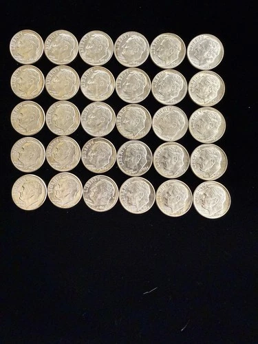 1964 Roosevelt Dimes 90% Silver 30 Coin Lot AU/BU