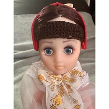Vintage European Folk Costume Collector Doll Blue Sleep Eyes Lace Apron 10 Inch