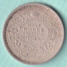 BRITISH INDIA 1944 KING GEORGE VI HALF RUPEE RARE SILVER COIN