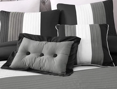  Juego de edredón a rayas de lujo Loft de 8 piezas () Queen negro/gris/blanco Foto 2 de 4