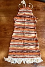 SHEIN Orange Brown Cream Boho Knit Sleeveless Fringe Dress Size Small  Hippie