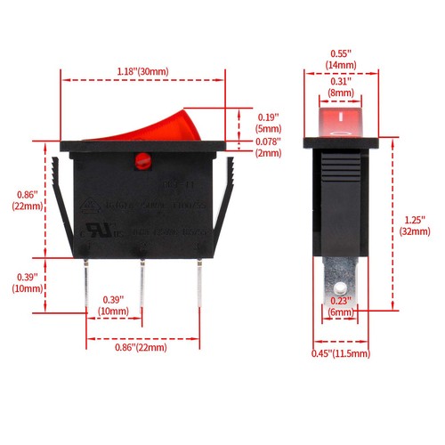 Rocker Switch ON-Off SPST 3 Terminals Red Light 16A 250VAC 5Pack | eBay
