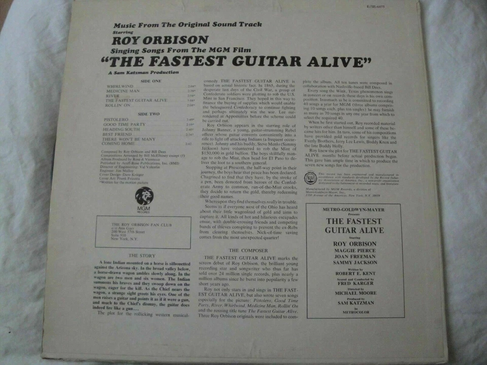SOUND TRACK STARRING ROY ORBISON THE FASTEST GUITAR ALIVE VINYL LP 1967 MGM REC. - Image 2 of 3