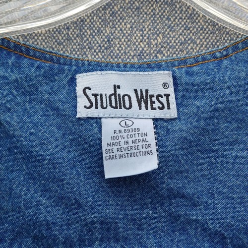 VTG Studio West Denim Blue Jean Long Dress SZ L Embroidered Button Up Sleeveless - Picture 5 of 11