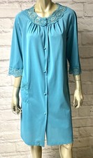 VTG Vanity Fair Turquoise Nylon Robe Housecoat Lace Trim Pocket 32 XS