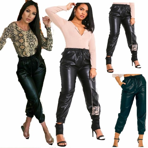 Womens High Waist Faux Leather Joggers 