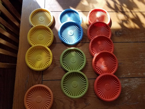  1  Tupperware Servalier lids 5quot  3 yellow 2 blue 2 avocado 1 pumpkin 5 orange