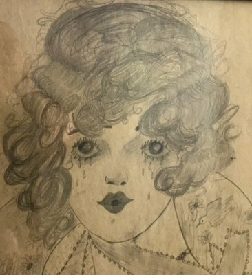 PENCIL DRAWING YOUNG LADY CRYING - ''HE LOVES ME NOT'' EDITH?? 11-1/2'' BY 9''