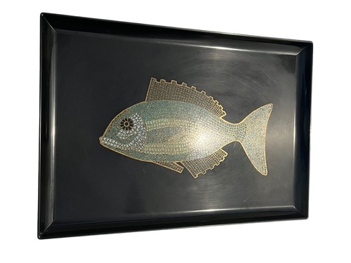 Vintage Couroc Monterey Inlaid Brass Crushed Turquoise Mosaic Fish Barware Tray - Picture 11 of 13