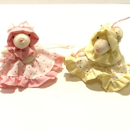 RUSS Mouse Ornaments 2 piece lot Yellow Pink w/ Polka Dots Bonnets Cloth Fabric
