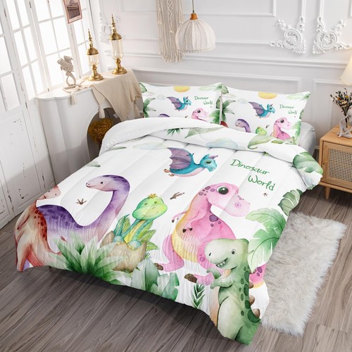 Cartoon Dinosaur Bat Comforter Set Queen 3Pc Kawaii Dinosaur Bedding Set All ... - Picture 3 of 6