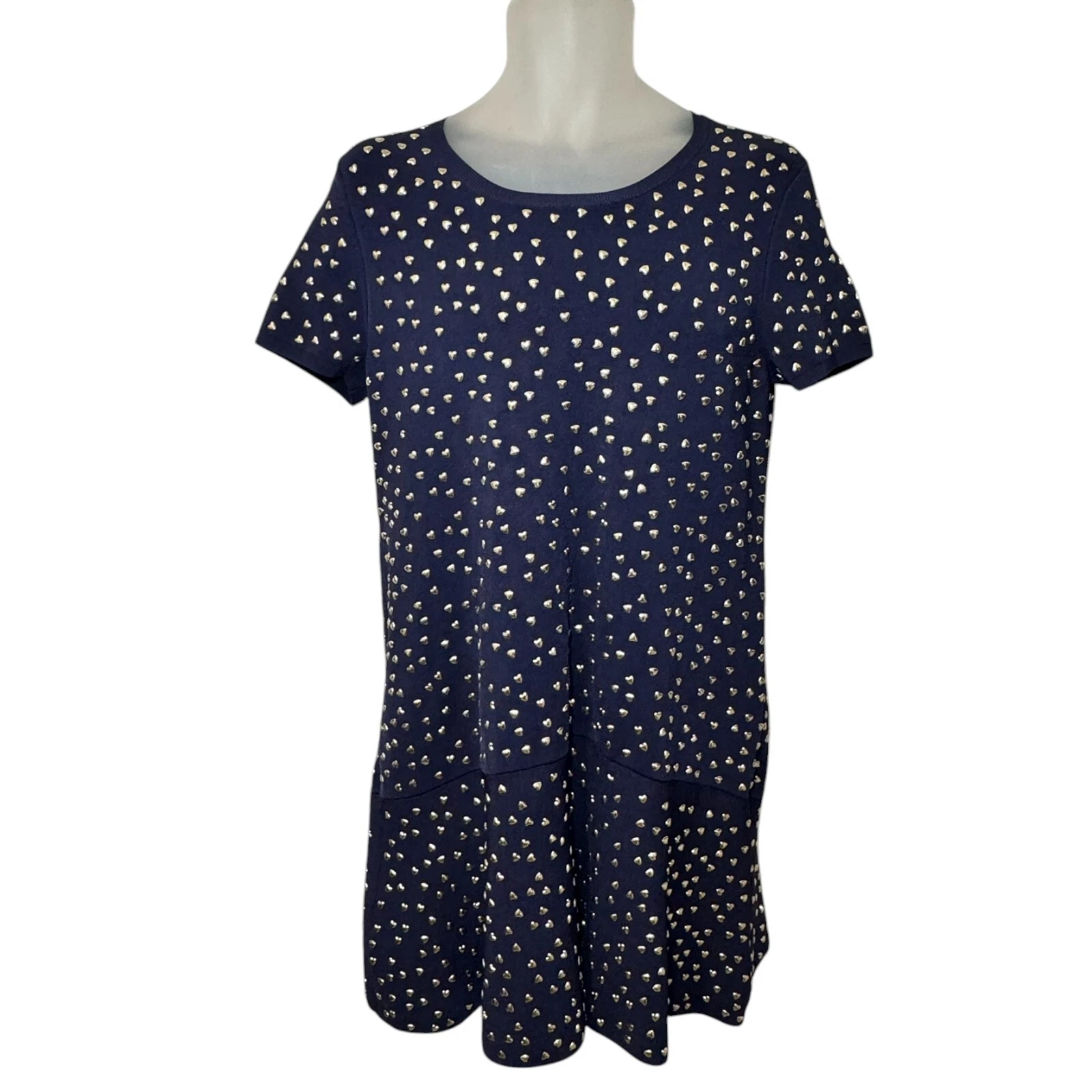$350 MICHAEL KORS abito in maglia blu navy con borchie cuore oro taglia L 10 12 NUOVO