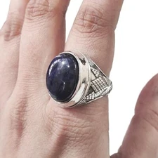 NATURAL SODALITE 925 STERLING SILVER OTTOMAN ARABIC DESIGNER HEAVY UNISEX RING