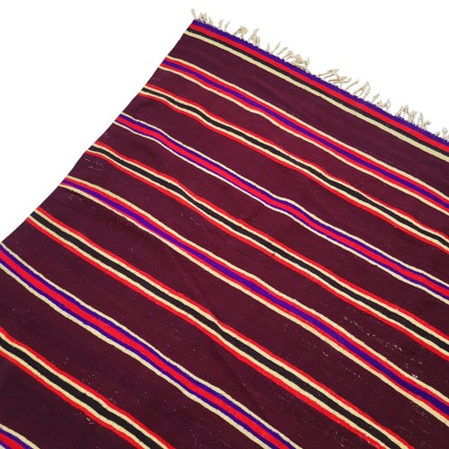 Vintage Handmade Moroccan Fringe Rug Burgundy Striped Beige Wool Carpet - Picture 18 of 24