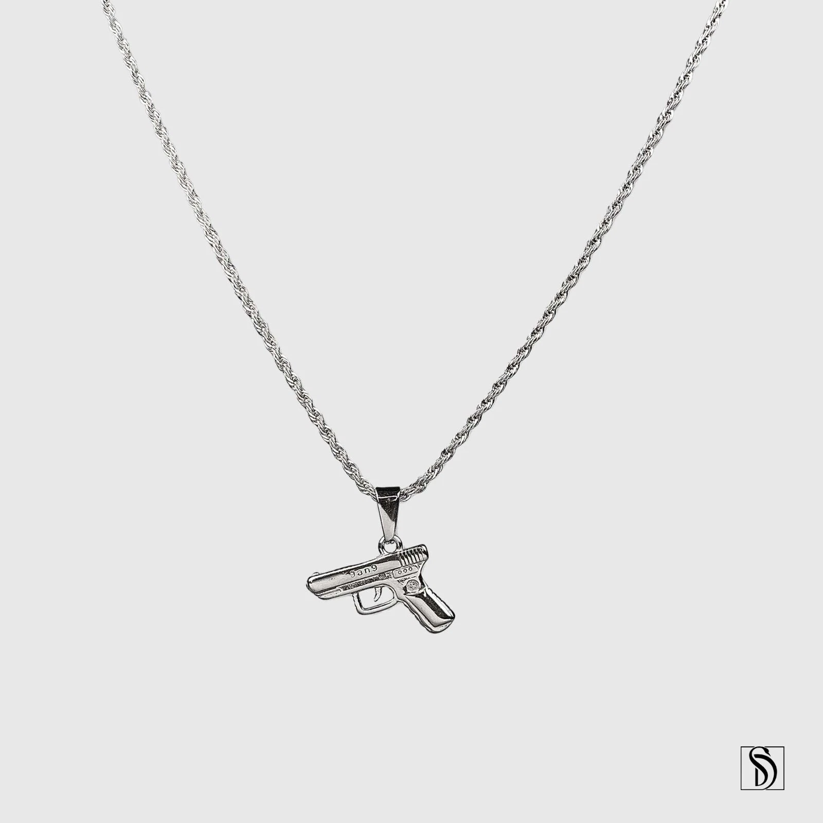 Collier pendentif pistolet à main argent 18 carats 9 mm, collier charme revolver premium