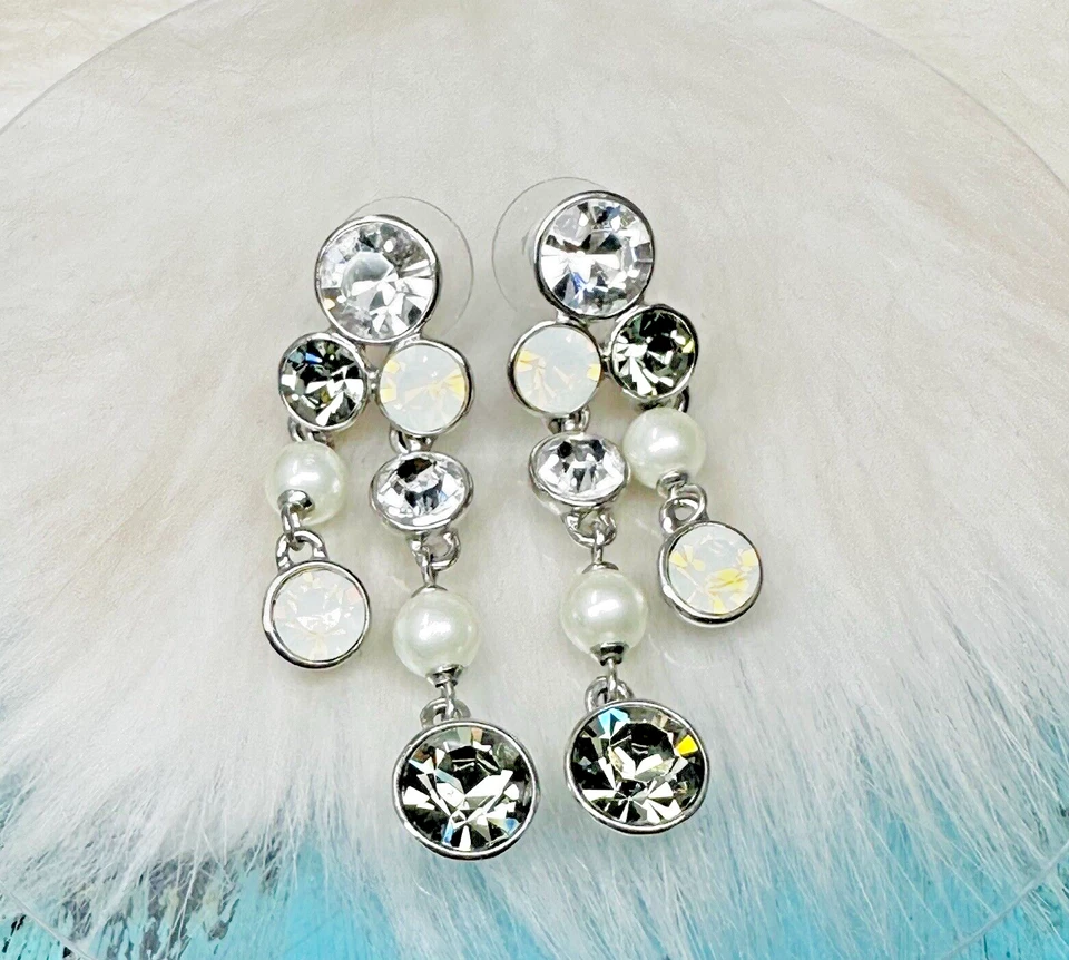 Pendientes Givency Cristal Vidrio Perla Doble Fila Pierce Cuelga Poste Gota Foto 2 de 4