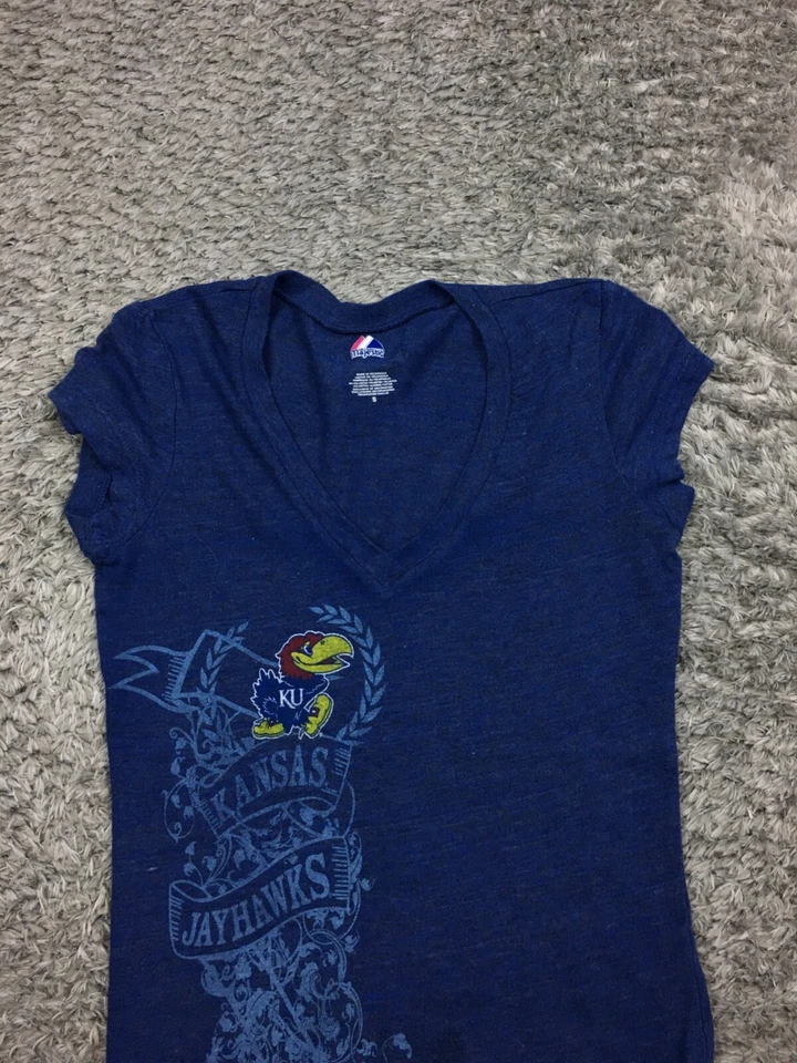 Camisa KU Jawhawk para mujer talla pequeña azul manga corta majestuosa Foto 2 de 4