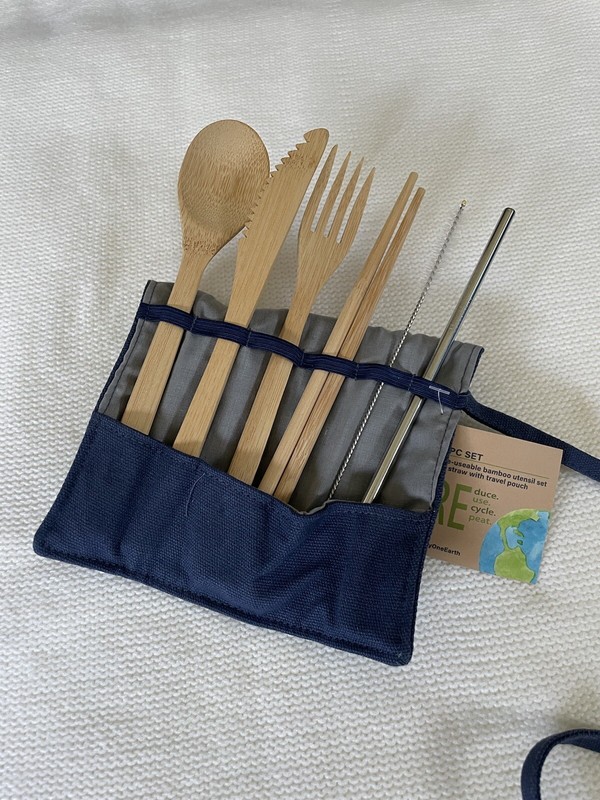 6 sets of re-usable bamboo utensils, straw, cleaning brush and travel pouch NEW