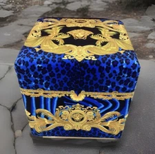 Costom Made Versace Cube Ottoman Dv One Print Blue Gold Médusa Velvet 19” By 19”