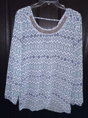 Womens Blouse Studio Y Blue/Gray White Nice Design  with Very Pretty Neckline 