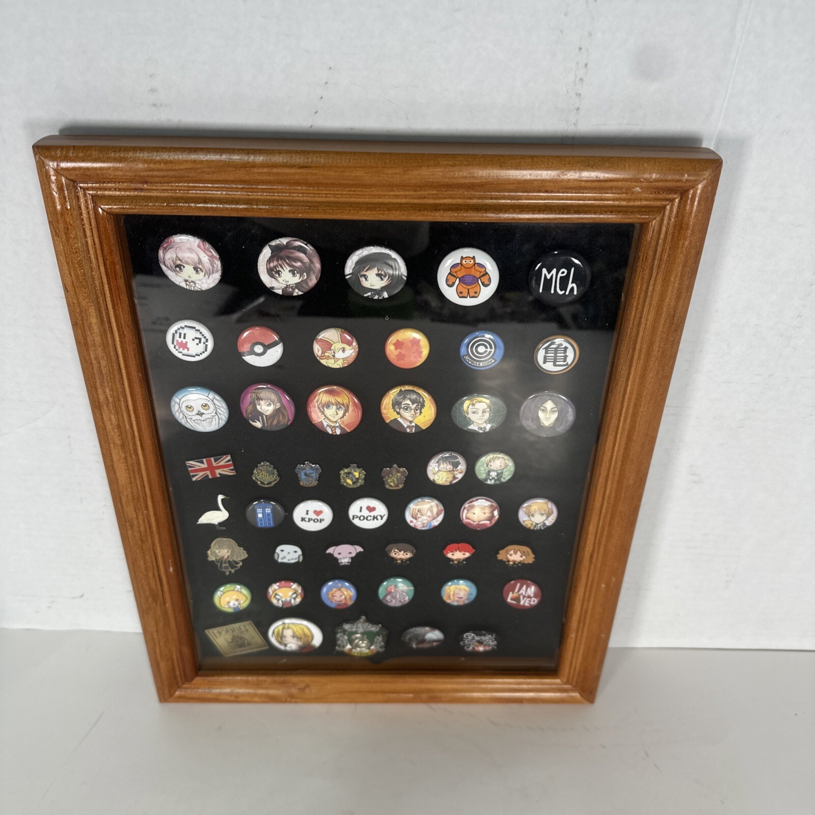 Harry Potter & Manga Enamel Pin Badge collection framed 50+ pinbacks framed
