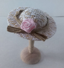 Dollhouse Miniature Straw Hat with Pink Rose  Wood Hat Stand 1:12 scale