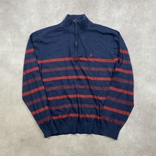 Nautica Jumper Mens XL Striped Quarter Zip Pullover Nav Tech Sweater, Navy