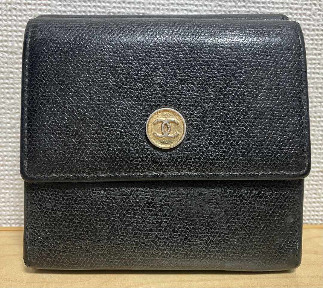 Chanel Coco Black W Hook Folding Wallet with Serial Number