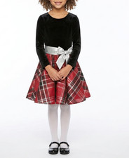 Bonnie Jean Girls Holiday Dress Black Velvet Red Plaid Metallic Bow NWT