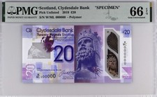 Scotland Clydesdale Bank 20 Pound 2019 Polymer SPECIMEN 00000 GEM UNC PMG 66 EPQ