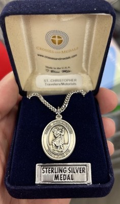 Sterling Silver St Christopher National Guard Medal Pendant Necklace 24'' Chain