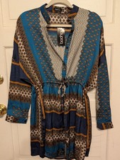 Women's Teal Paisley Shirt Dress Boohoo NWT Size 6 Lightweight Tie Waste Casual