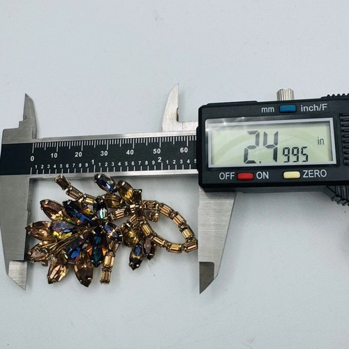 Vintage Hobe Brooch Amber Aurora AB Rhinestone Floral Spray Gold Tone 2.5" Layer - Picture 9 of 11