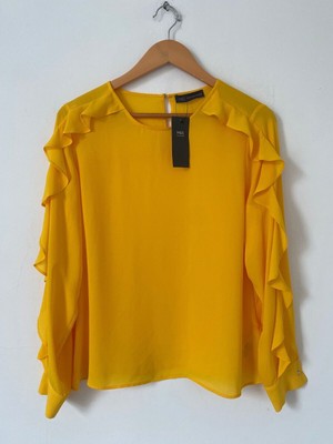 Marks Spencer Blouse Size 12 Yellow Long Sleeve Ruffle Smart Formal Office
