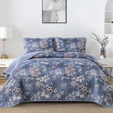 3-Piece Botanical Quilt Set - Lightweight Microfiber Bedspread Blue King