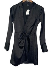NWT Forever 21 Women’s Wrap Dress Satin Long Sleeve Black belted tie Size Small