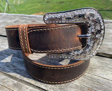 34 Brown Leather Belt, buckle silver Engraved w/rhinestones, Snaps On USA made