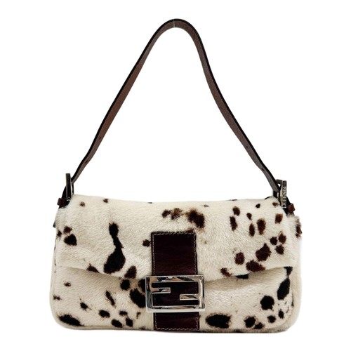 FENDI Baguette Cream and Brown Dalmation Print Pony Hair Shoulder Bag