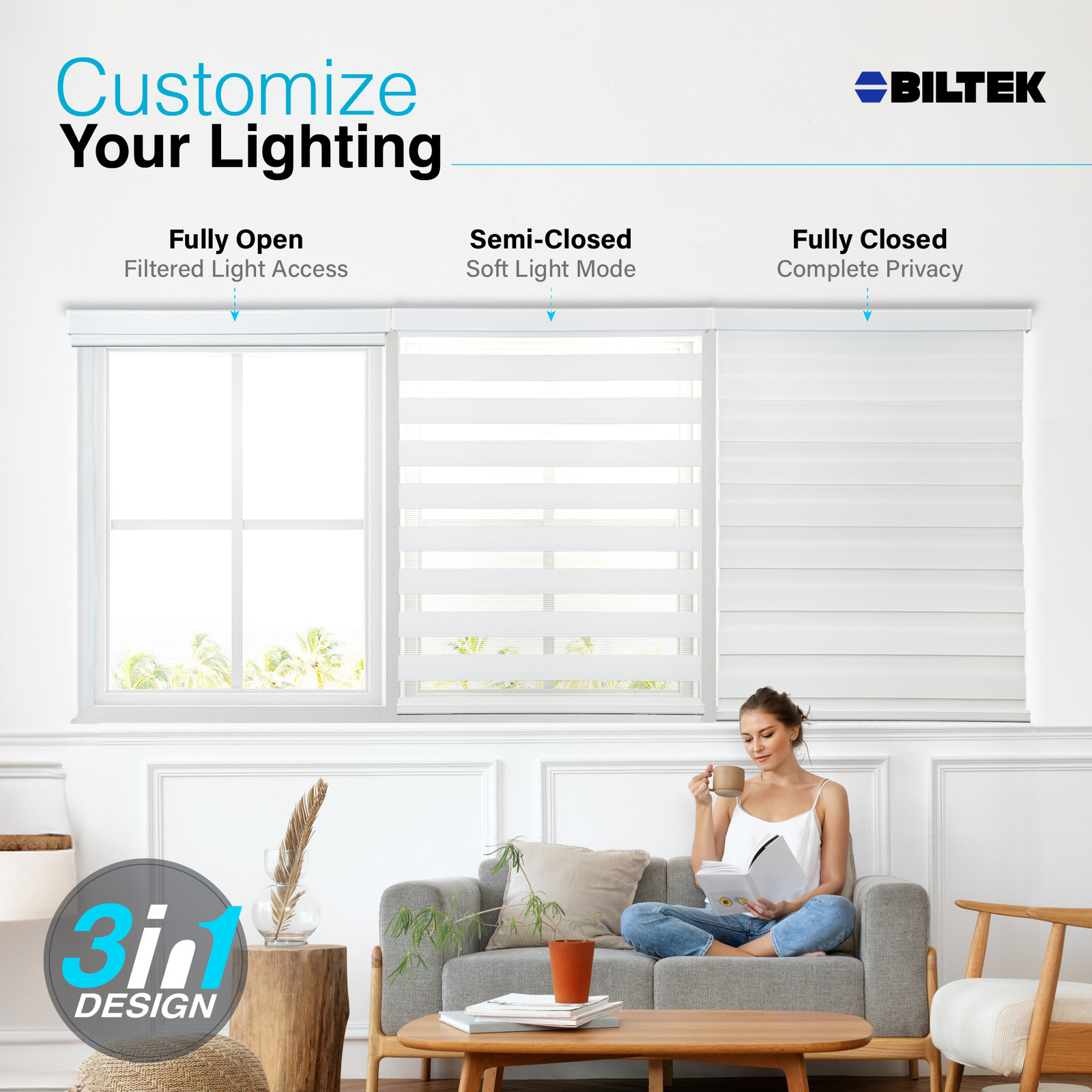 Cordless Zebra Roller Blinds Sheer Shades, Sheer or Privacy - White, 41"W X 72"H