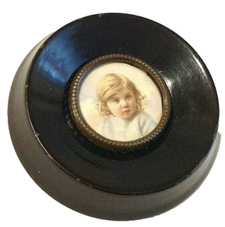 Antique painting child portrait miniature oval wood frame