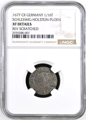 1677 HS German States Schleswig-Holstein-Ploen 1/16 Thaler NGC XF Details, KM-11