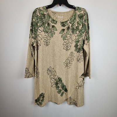 Serengeti Womens XL Tunic Top Tan Green Leaf Print Asymmetrical Hem 3/4 Sleeve