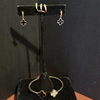 925/Sterling Gold 3er Set! Kleeblatt Manschette Armband und Ohrringe mit Ohr ''Manschette''!!