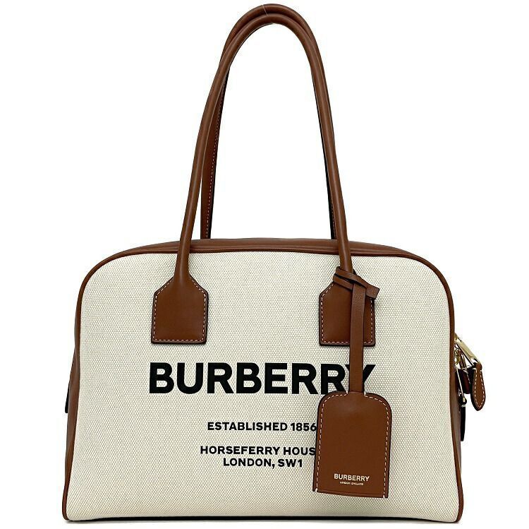 Burberry Tote Bag Medium Canvas Half Cube Bag Beige Brown Key Crochet