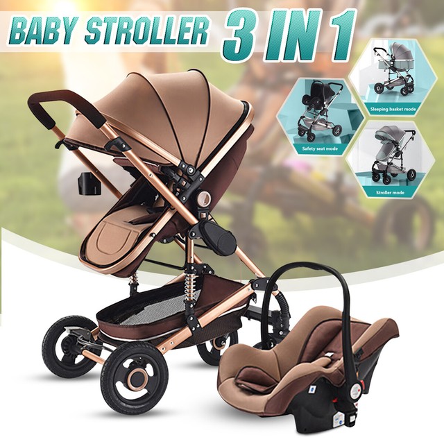 3 IN 1 Folding Newborn Baby Pram Stroller High View Carriage Buggy With Car Seat