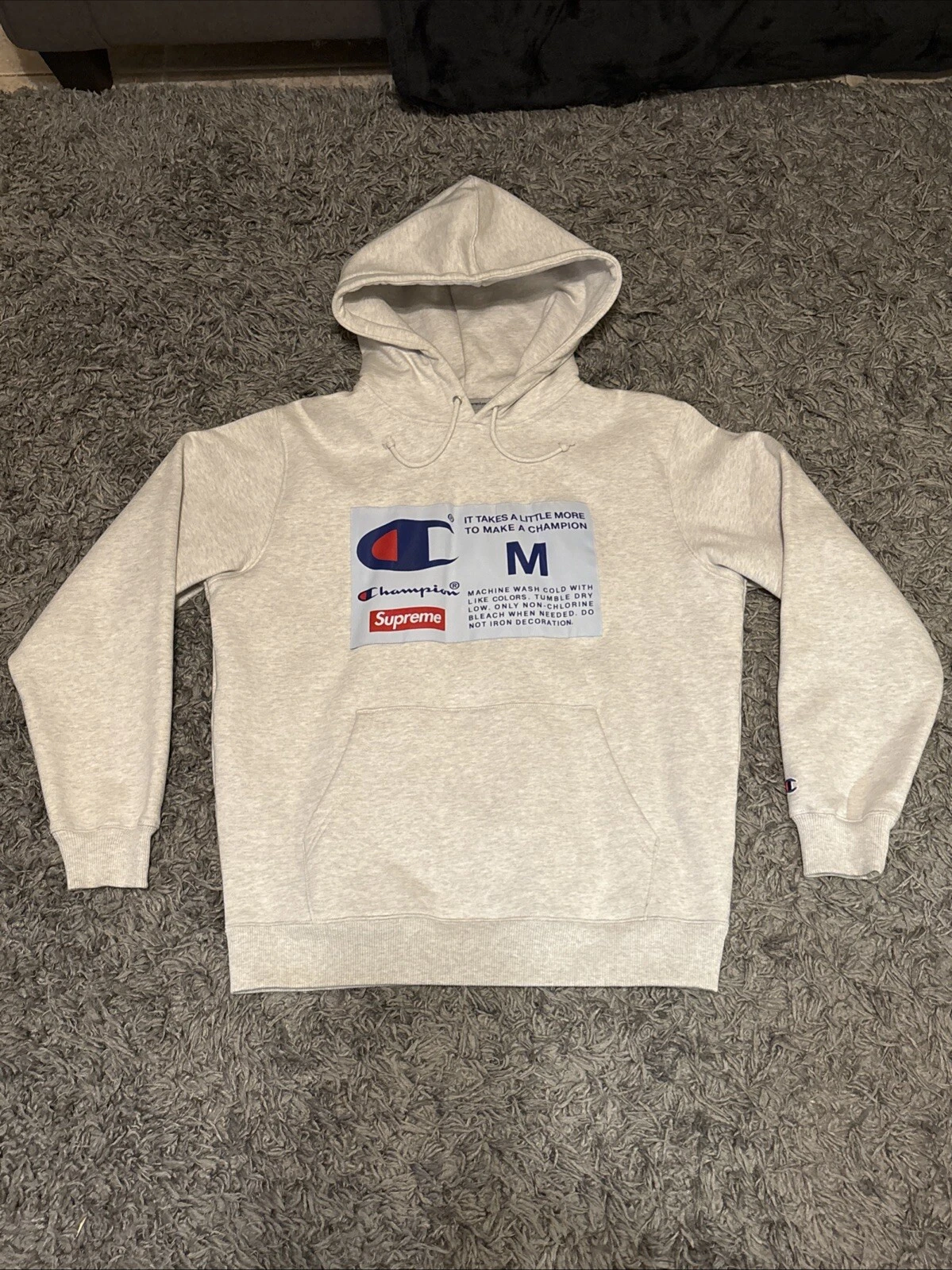 Sweat à capuche SUPREME X CHAMPION FW18 taille M gris cendre